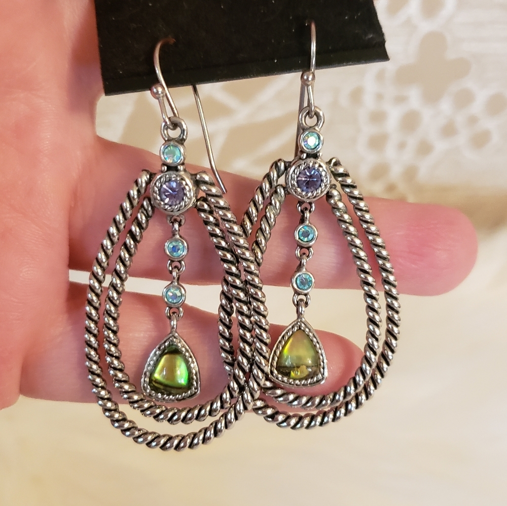 Lia Sophia Silver Teardrop Earrings with Green and Blue Stones